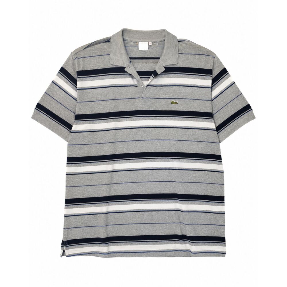 Vintage Lacoste Striped Polo Shirt Grey Navy Black Open Collar Buttonless 8